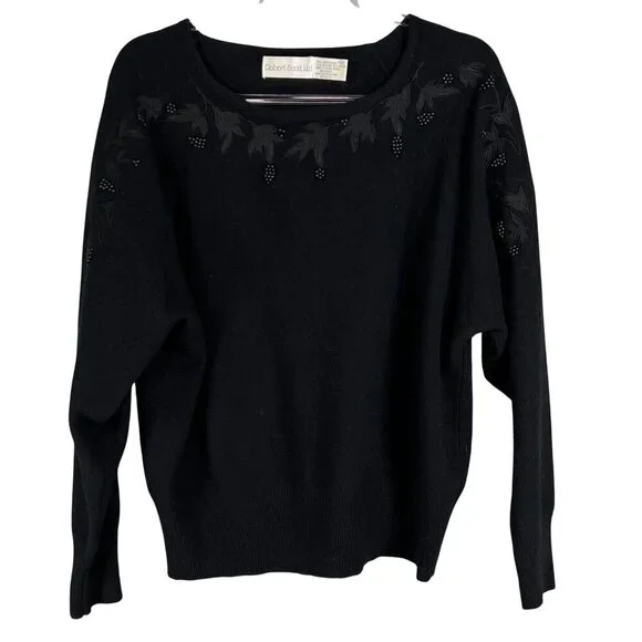Robert Scott Women L Black Embroidered Beaded Lambswool Angora Sweater Fairygoth - Picture 8 of 16